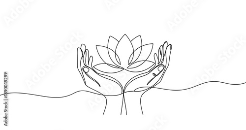 Continuous line art of hands holding a lotus flower symbolizing peace and harmony. No editable stroke