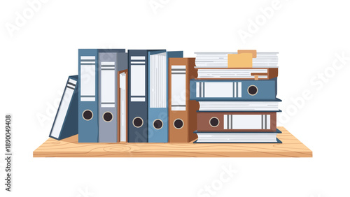 Collection of ring binders and file folders neatly arranged on a wooden shelf, symbolizing organization, archiving, and efficient management of documents and information.