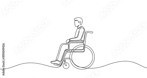Minimalist line art of caucasian male in wheelchair on wavy background. No editable stroke