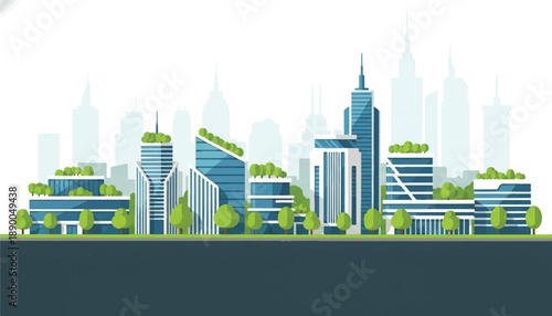 Modern cityscape illustration with skyscrapers, trees, and greenery viewed from a distance.
