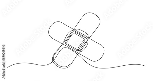 Minimalist continuous line art of bandages overlapping with fluid line. No editable stroke