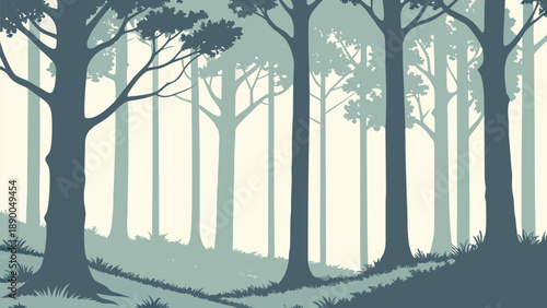 Serene forest landscape with tall trees and misty atmosphere in shades of green and gray evoking calmness and tranquility in nature