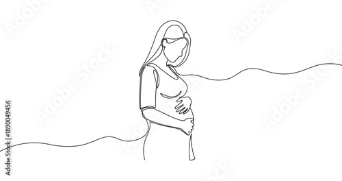 Minimalist line art of pregnant female silhouette with flowing hair. No editable stroke
