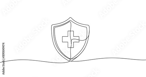 Continuous line shield with medical cross symbol on white background. No editable stroke