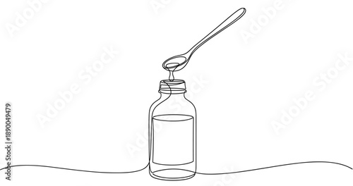 Minimalist line art: spoon pouring liquid into bottle on white background. No editable stroke