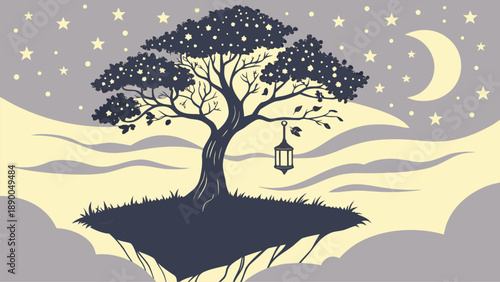 Floating island with a tree and lantern under a starry night sky with crescent moon