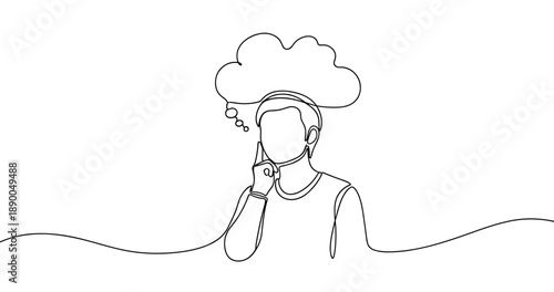 Continuous line drawing of a young caucasian male thinking with cloud thought bubble. No editable stroke