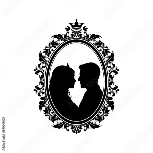 Silhouette of Couple Kissing in Ornate Frame.