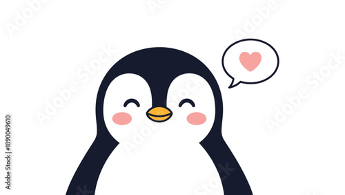 Cute penguin character with blushing cheeks and a small heart in a speech bubble expressing love in a simple flat style.
