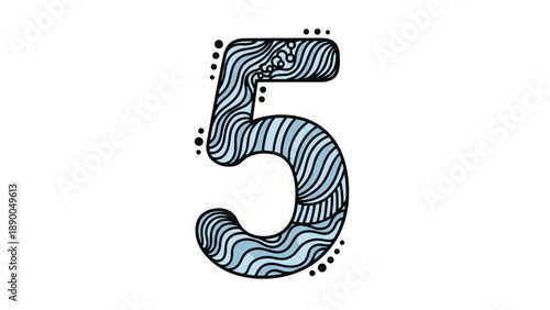 Stylized number five with a creative wavy line pattern and decorative dots in a cool blue and black color palette.