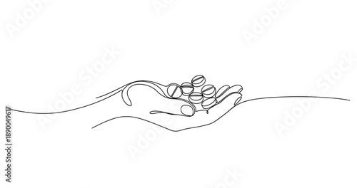 Minimalist line drawing of hands holding coins symbolizing charity and support. No editable stroke