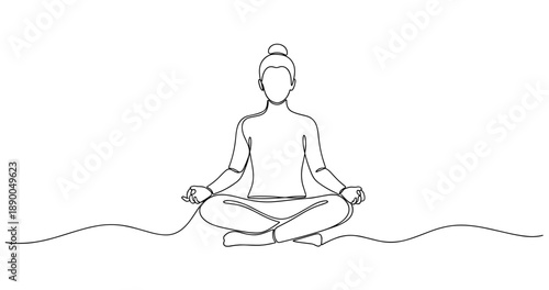 Continuous line drawing of female practicing yoga meditation pose. No editable stroke