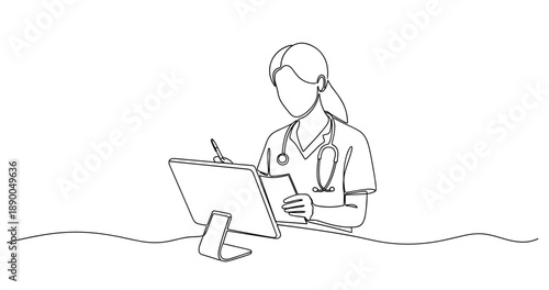 Female medical professional using digital tablet in office line drawing. No editable stroke