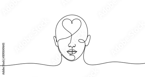 Minimalist one-line art woman's face with heart symbol. No editable stroke