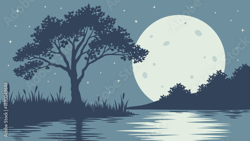 Serene nighttime landscape with oversized moon reflecting on calm lake water surrounded by silhouetted trees and grass under starry sky