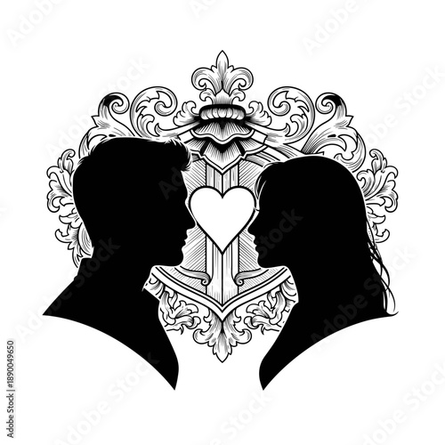 Silhouetted Couple Facing Heart Shaped Book.