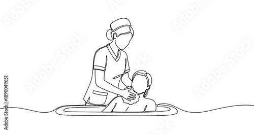 Female nurse assisting caucasian adult in water therapy session. No editable stroke