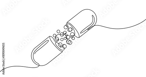 Continuous line drawing of open capsule with medicine. No editable stroke