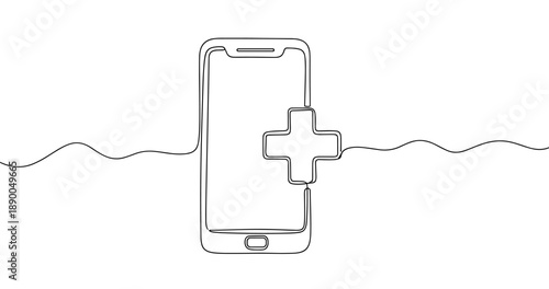 Minimalist line art: smartphone with medical cross symbol on white background. No editable stroke