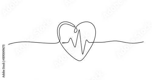 Continuous line art heartbeat in heart design on white background. No editable stroke