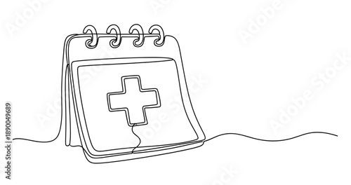 Line art of medical calendar with spiral binding and health cross symbol. No editable stroke