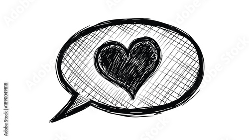 Hand drawn sketchy speech bubble containing a solid black heart in the center for social media or message design elements.