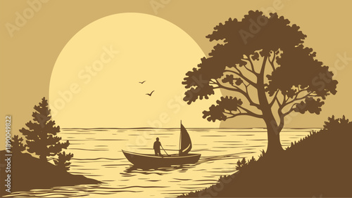 Golden sunset over calm ocean with sailboat and silhouette trees on serene landscape horizon