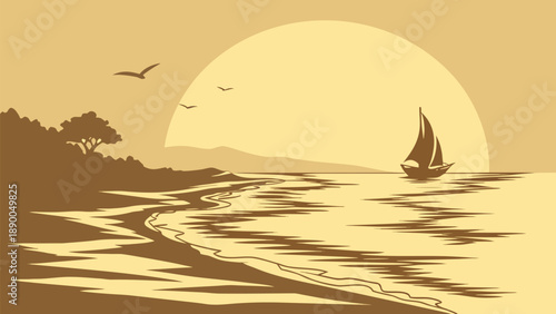 Serene ocean horizon with sailboat at sunset warm golden light calm waves peaceful atmosphere beach sea landscape