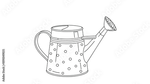 Minimalist line art drawing of a classic metal watering can decorated with a playful polka dot pattern on its main body.