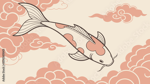 Large koi fish swimming through soft pastel pink clouds on cream background
