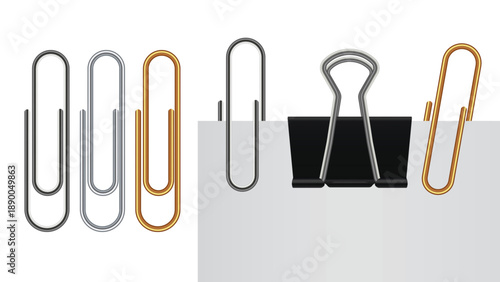 Office Stationery Paper Clip and Binder Clip Set Isolated on White Background, Metal Document Fastener Collection Vector Illustration