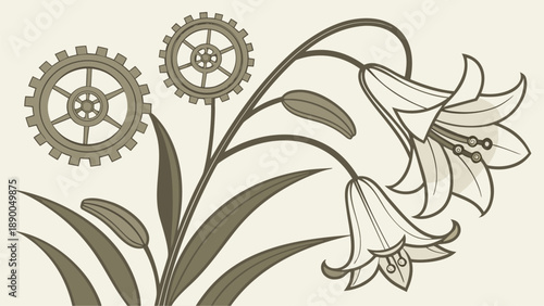 Mechanical flowers bloom slowly under soft sunlight with gears symbolizing innovation and nature's fusion