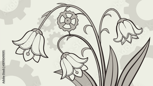 Mechanical flowers bloom slowly under soft sunlight with gear background