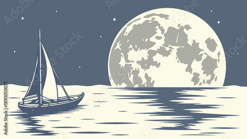 Serene nighttime scene with oversized moon floating on calm sea beside a small sailboat under starry sky
