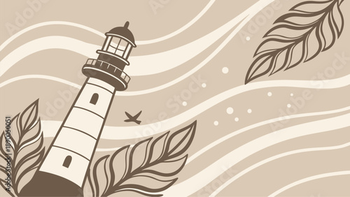 Brown lighthouse with leaves and bird on beige background with wavy lines abstract graphic design element