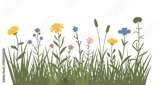 Colorful wildflowers and grass illustration viewed from a close-up perspective in a natural environment