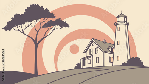 Lighthouse and house on hill with tree at sunset or sunrise with moon and sun aligned