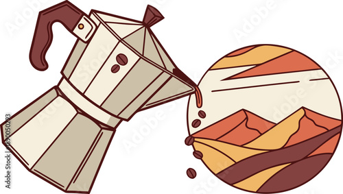 Coffee pouring into a cup with a mountain landscape