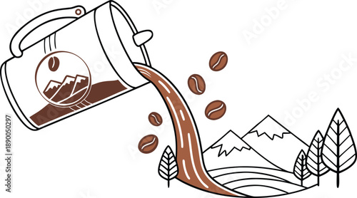 Rich coffee pouring into a scenic mountain landscape with coffee beans