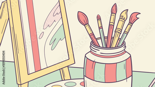 Colorful paintbrushes in a jar next to an easel with canvas