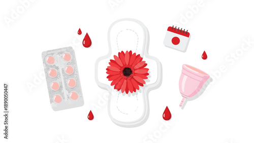 Feminine hygiene assortment: sanitary pad with flower, menstrual cup, calendar, and medication, symbolizing period management and health awareness.
