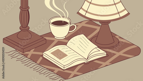 Cozy morning scene with steaming coffee and open book on plaid rug