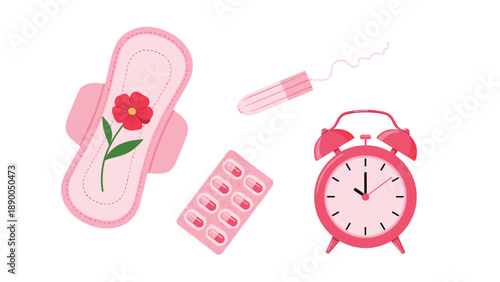 Feminine hygiene products, including a sanitary pad, tampon, and pain relief pills, alongside an alarm clock, representing menstrual cycle management and self-care.