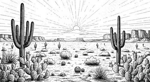 Desert landscape with cacti, rocks, and mountains at sunrise from a distant viewpoint