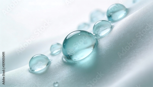 Abstract 3d macro of cool aqua gel droplets on soft textured surface with clean white space skincare hydration and moisture background