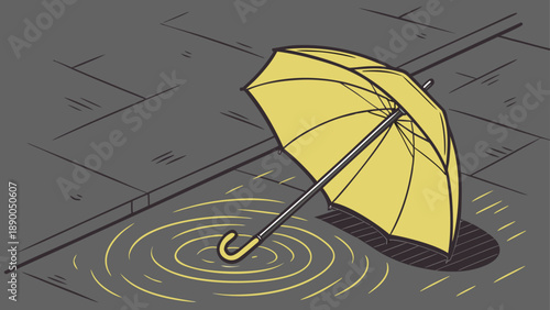 Yellow umbrella blown inside out in heavy rain on city sidewalk