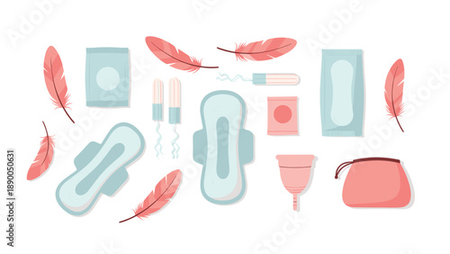 Comprehensive collection of feminine hygiene products including pads, tampons, menstrual cup, and pouch, adorned with feathers, suggesting comfort and choice.