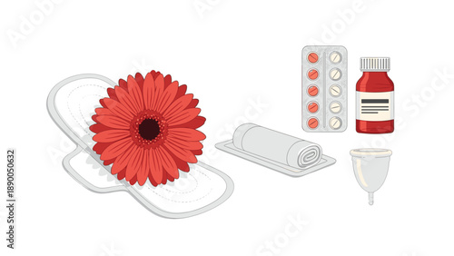 Feminine hygiene essentials: sanitary pads, menstrual cup, rolled pad, medication bottle, and blister pack, highlighting comfort and preparedness during menstruation.