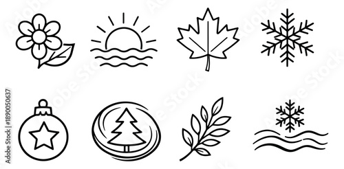 Hand drawn line art seasonal icons set featuring nature, weather, and holiday symbols for various themes