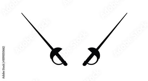 Two crossed fencing swords in a striking black silhouette
